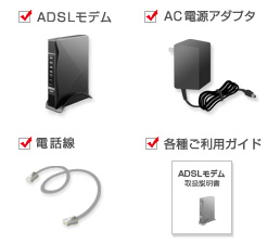 ADSLモデム,AC電源アダプタ,電話線,各種ご利用ガイド