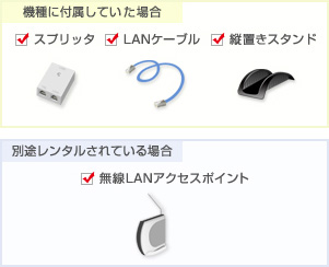 【機種に付属していた場合】スプリッタ,LANケーブル,縦置きスタンド【別途レンタルされている場合】無線LANアクセスポイント